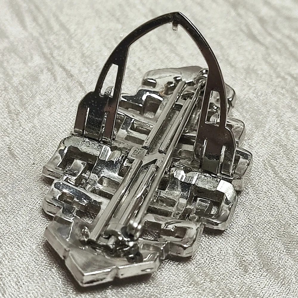 Duette Large Silver Tone Vintage Brooch Paste Stones Rhinestones 1940's *FLAWED*